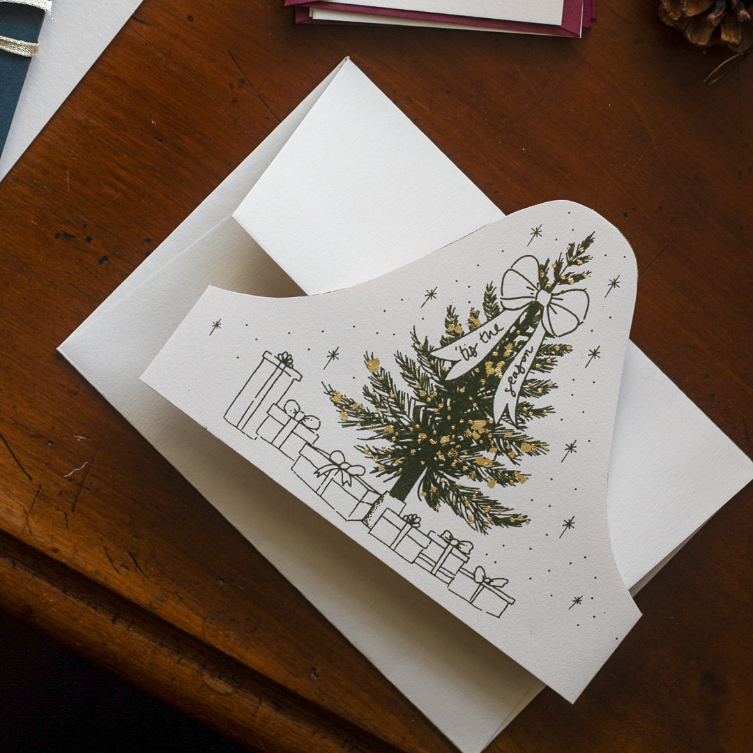 Hand Printed Christmas Tree Card With Gold Leaf Gilding