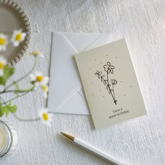 Hand Printed Floral Birthday Card – Blank Inside
