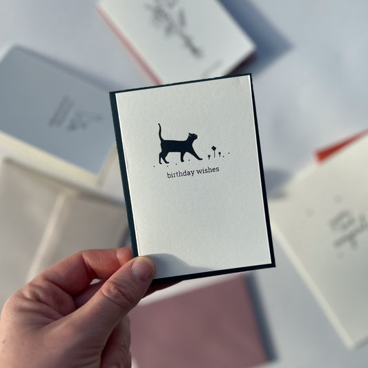 Hand Printed Birthday Card With Cat Illustration